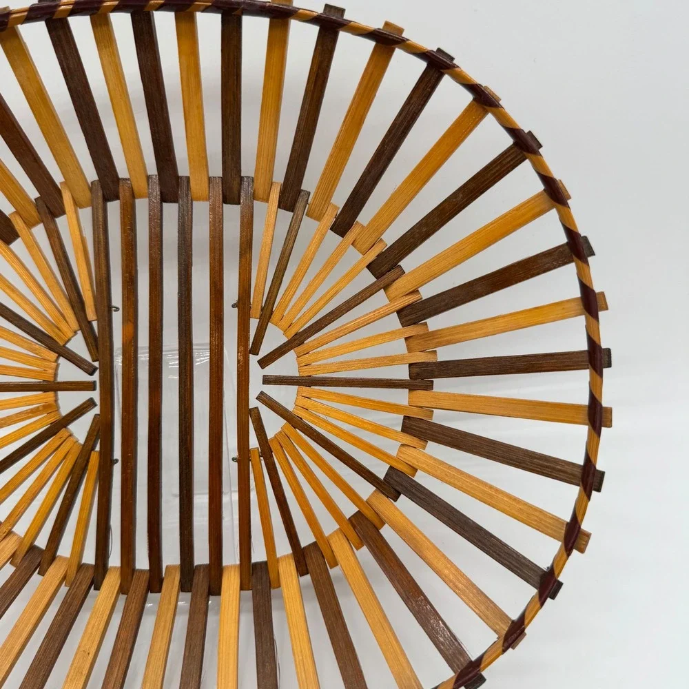 Vintage Bamboo Slat Oval Basket Two Tone Japanese Wood Fruit Bread Bowl 12x10